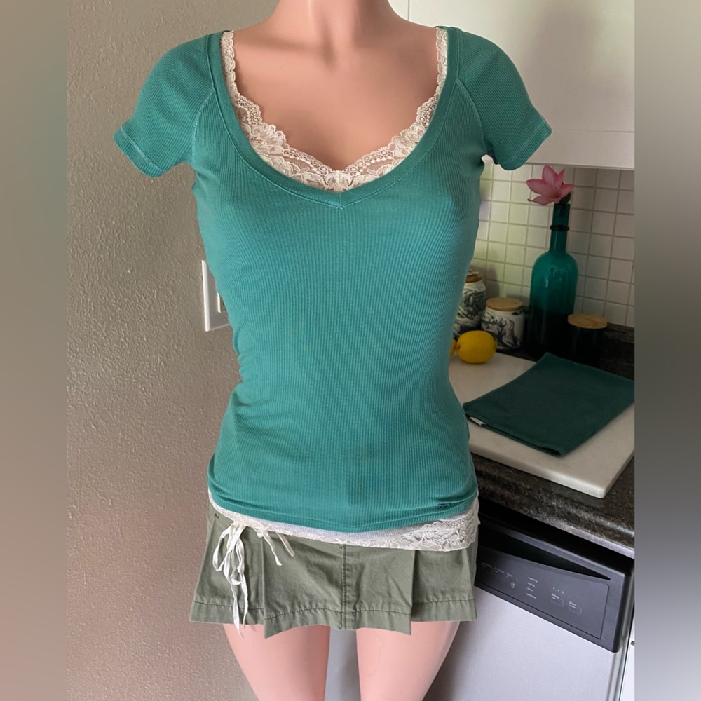 Y2k teal green Abercrombie short sleeve v neck - Picture 1 of 13